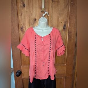 Adrienne Vittadini Pink Ruffled Tie Front Blouse‎
